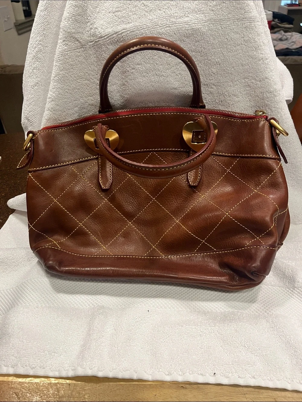 Dooney & Bourke Brown Quilted Leather Satchel with Gold Heart Hardware